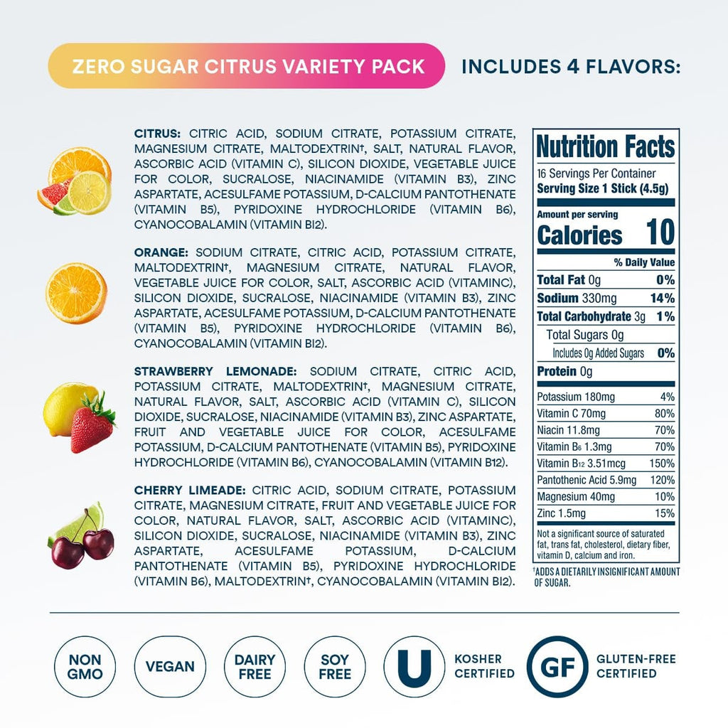 DripDrop Zero Sugar Citrus Variety Pack Electrolyte Powder, 8 oz sticks, 16 count - X85M