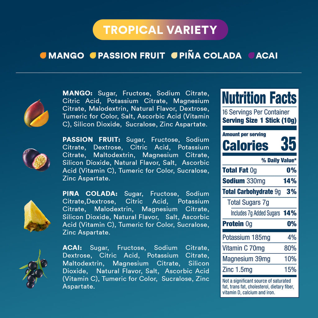 DripDrop Tropical Variety Pack Electrolyte Powder, 8 oz sticks, 16 count - T0BF