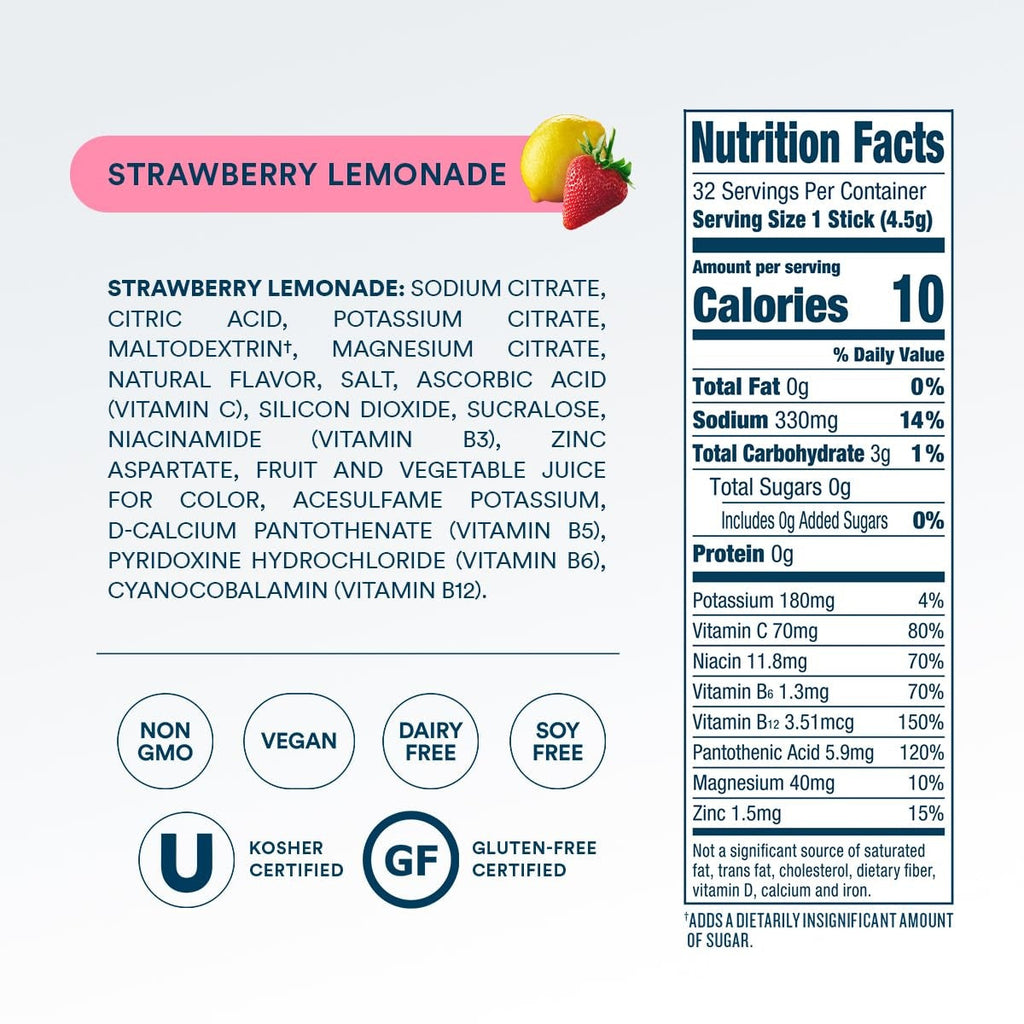 DripDrop Zero Sugar Strawberry Lemonade Electrolyte Powder, 8 oz sticks, 32 count - 9QQP