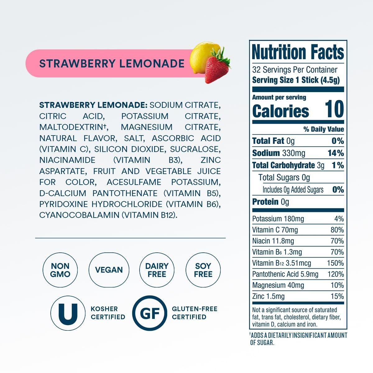 DripDrop Zero Sugar Strawberry Lemonade Electrolyte Powder, 8 oz sticks, 32 count - 9QQP