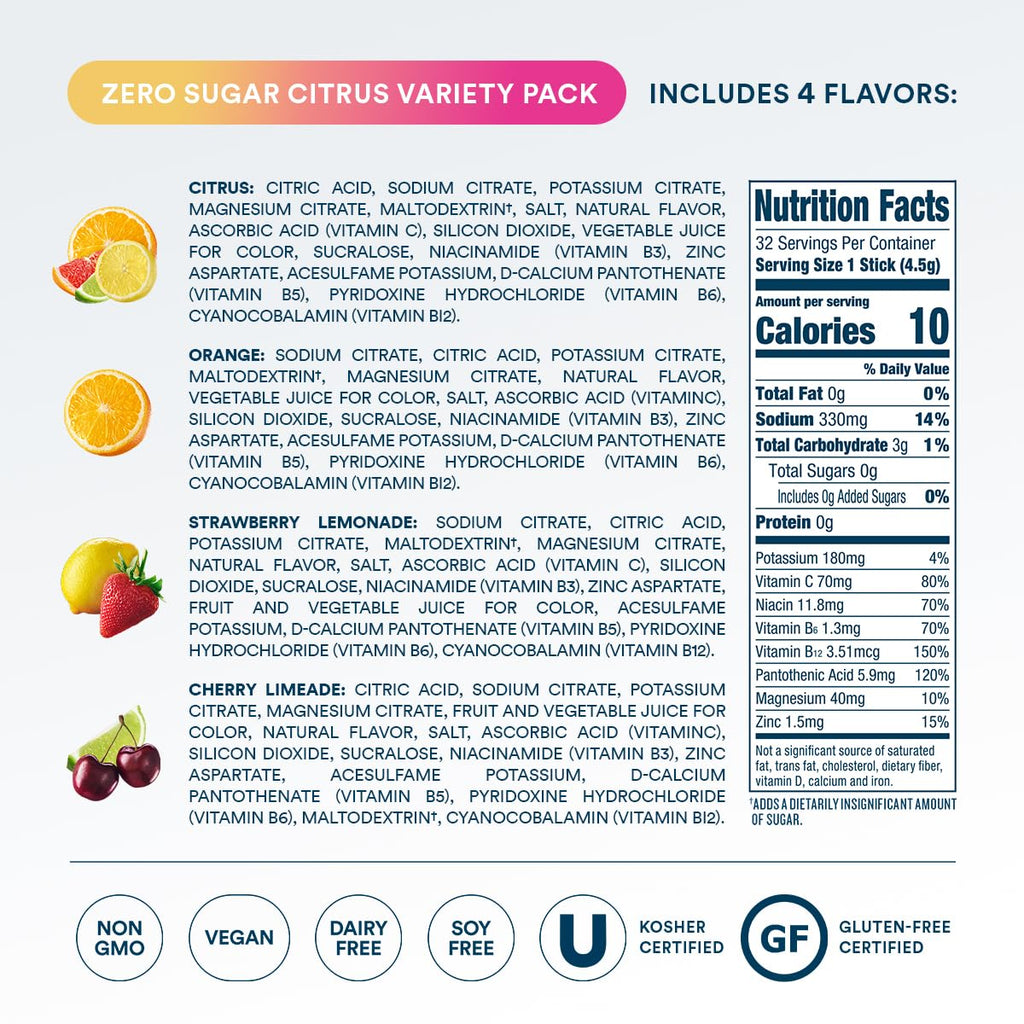 DripDrop Zero Sugar Citrus Variety Pack Electrolyte Powder, 8 oz sticks, 32 count - TG2Y
