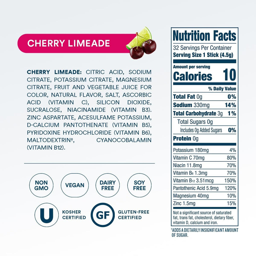 DripDrop Zero Sugar Cherry Limeade Electrolyte Powder, 8 oz sticks, 32 count - CRU9