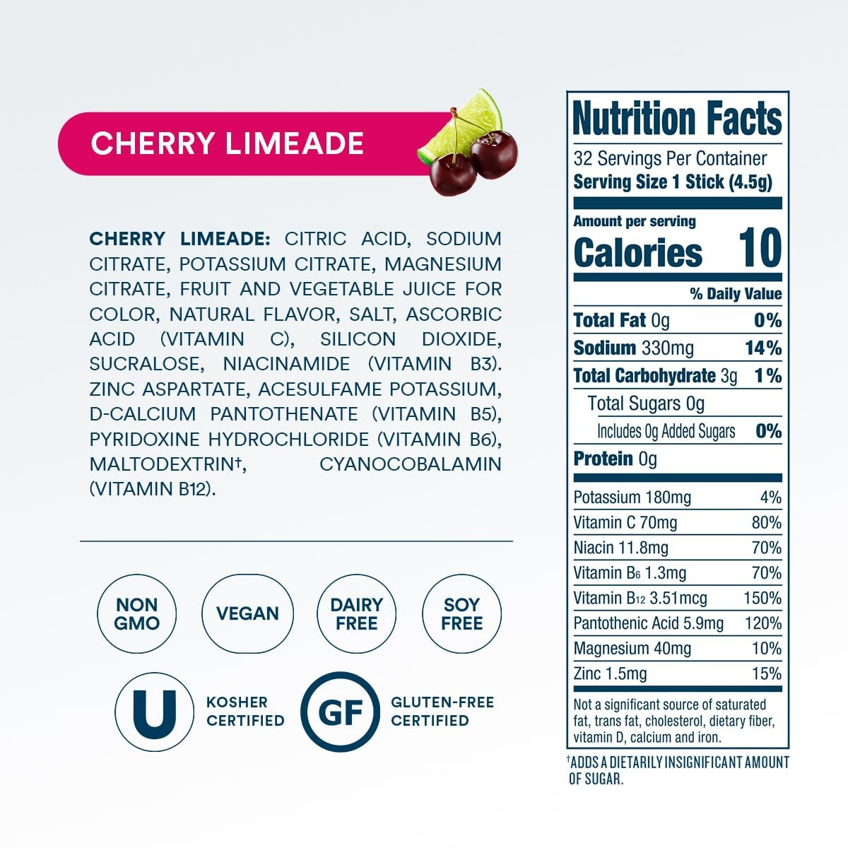 DripDrop Zero Sugar Cherry Limeade Electrolyte Powder, 8 oz sticks, 32 count - CRU9