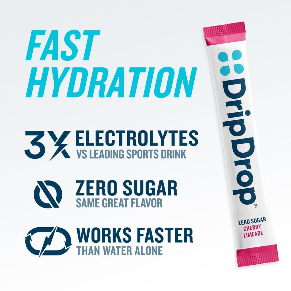 DripDrop Zero Sugar Cherry Limeade Electrolyte Powder, 8 oz sticks, 32 count - CRU9
