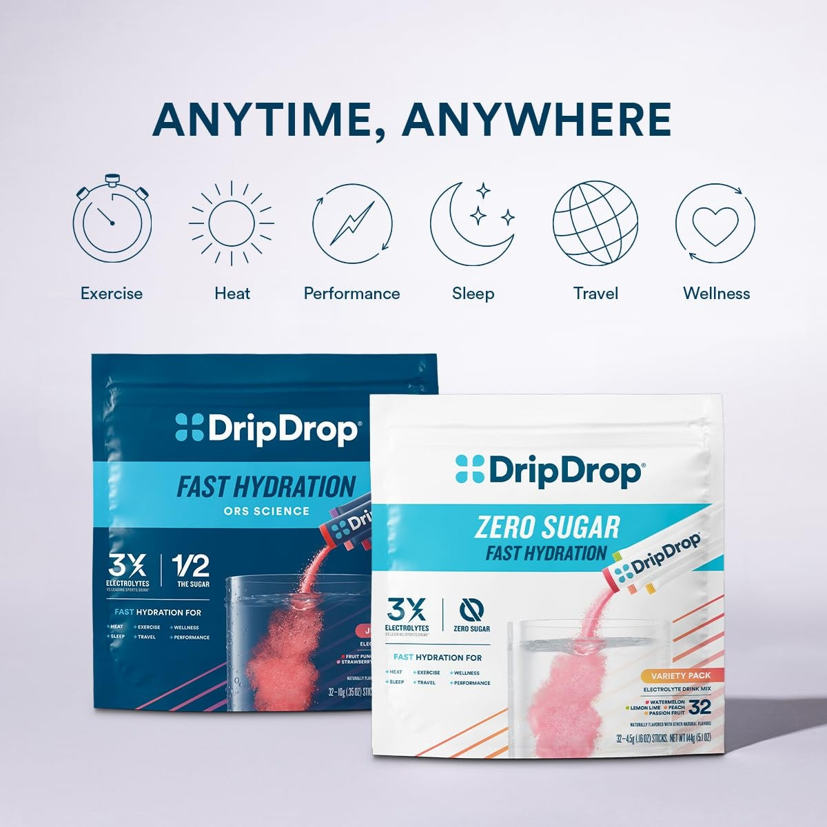 DripDrop Zero Sugar Classic Variety Pack Electrolyte Powder, 8 oz sticks, 16 count - Q4NV