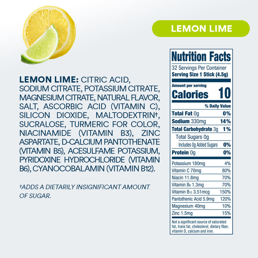 DripDrop Zero Sugar Lemon Lime Electrolyte Powder, 8 oz sticks, 32 count - HB67