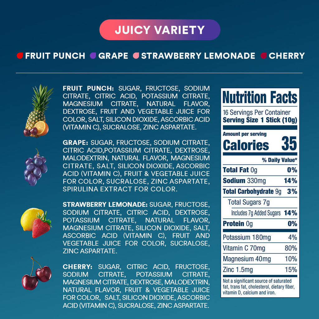 DripDrop Juicy Variety Pack Electrolyte Powder, 8 oz sticks, 16 count - BD3P