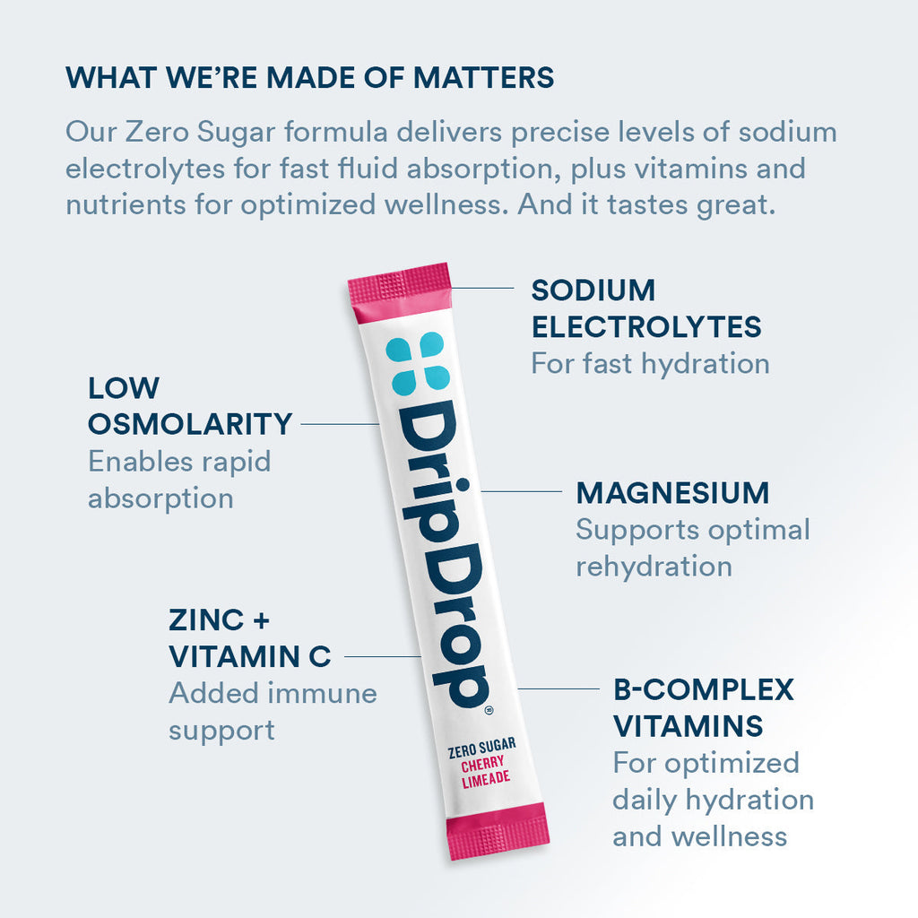 DripDrop Zero Sugar Cherry Limeade Electrolyte Powder, 8 oz sticks, 32 count - CRU9
