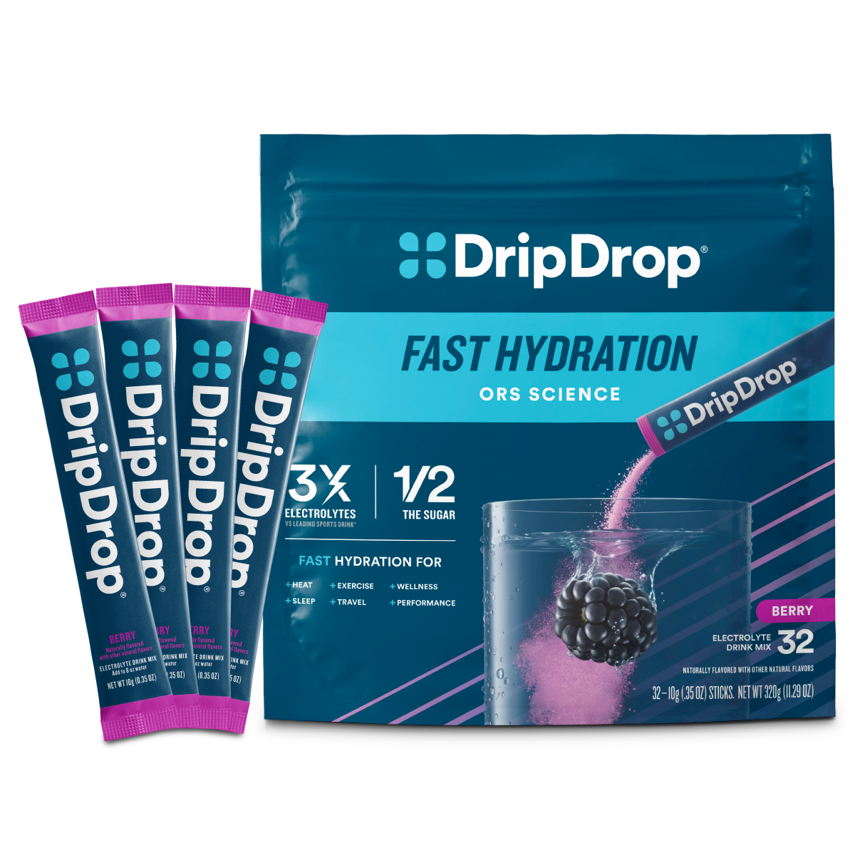 DripDrop Berry Electrolyte Powder, 8 oz sticks, 32 count - MHRC