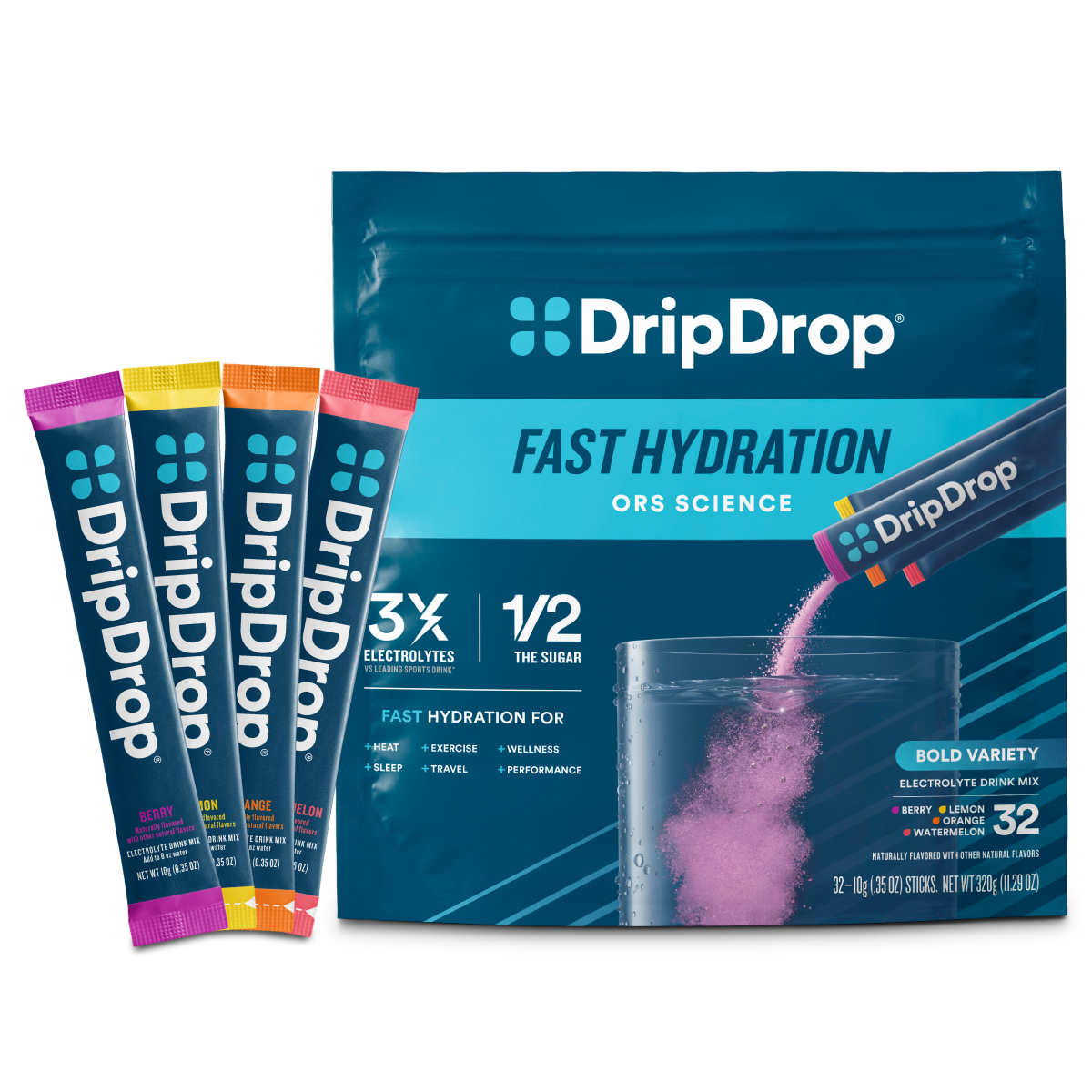 DripDrop Bold Variety Pack Electrolyte Powder, 8 oz sticks, 32 count - RUN7