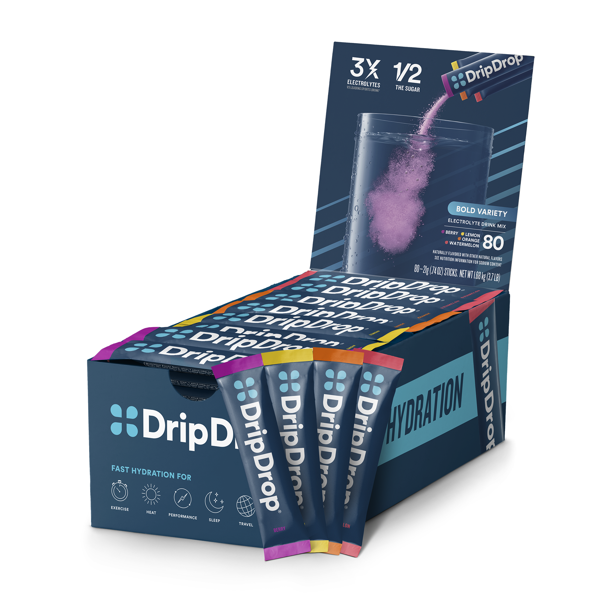 DripDrop Bold Variety Pack Electrolyte Powder, 16 oz sticks, 80 count - MBKK