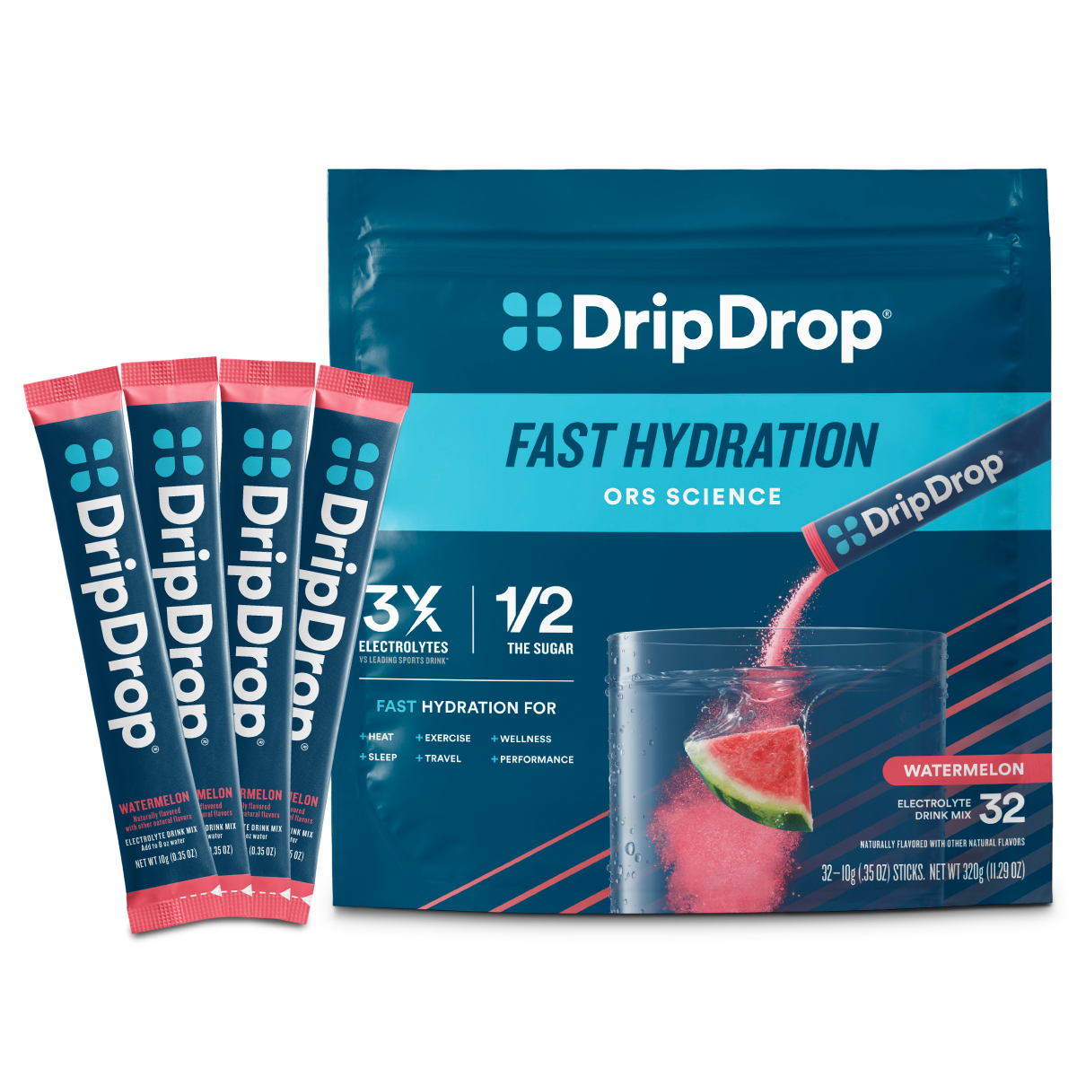 DripDrop Watermelon Electrolyte Powder, 8 oz sticks, 32 count - 03MW