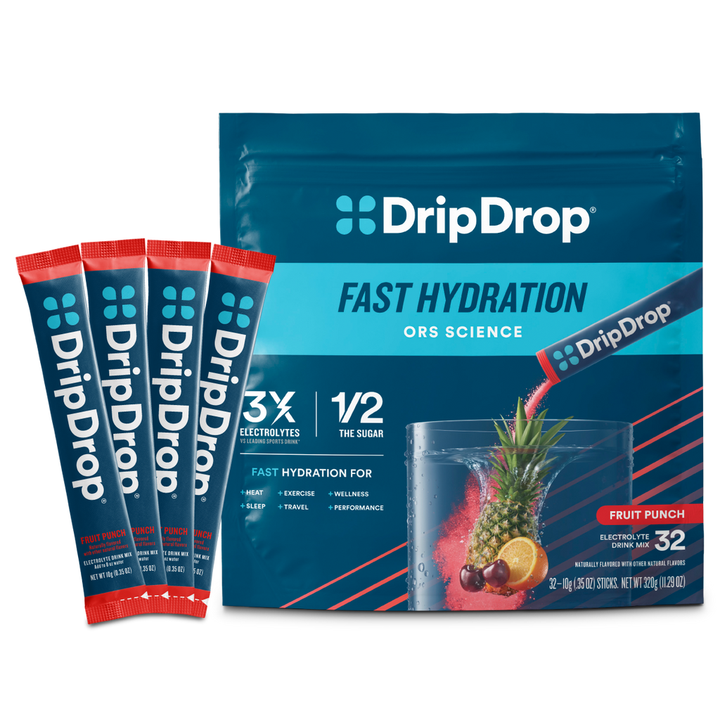 DripDrop Fruit Punch Electrolyte Powder, 8 oz sticks, 32 count - YGMU