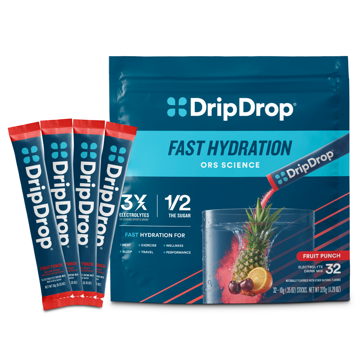 DripDrop Fruit Punch Electrolyte Powder, 8 oz sticks, 32 count - YGMU