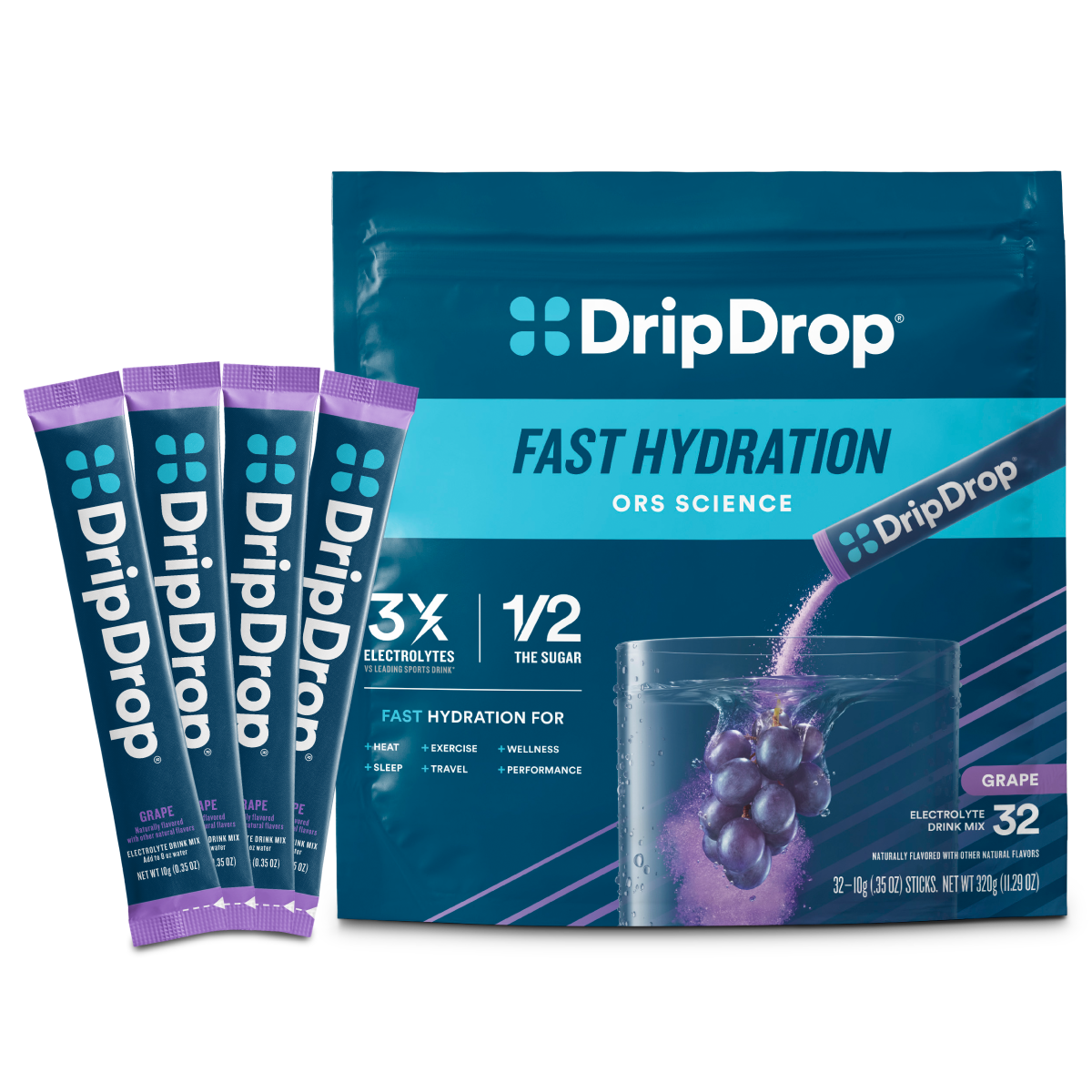 DripDrop Grape Electrolyte Powder, 8 oz sticks, 32 count - LQRC
