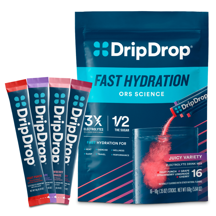 DripDrop Juicy Variety Pack Electrolyte Powder, 8 oz sticks, 16 count - BD3P