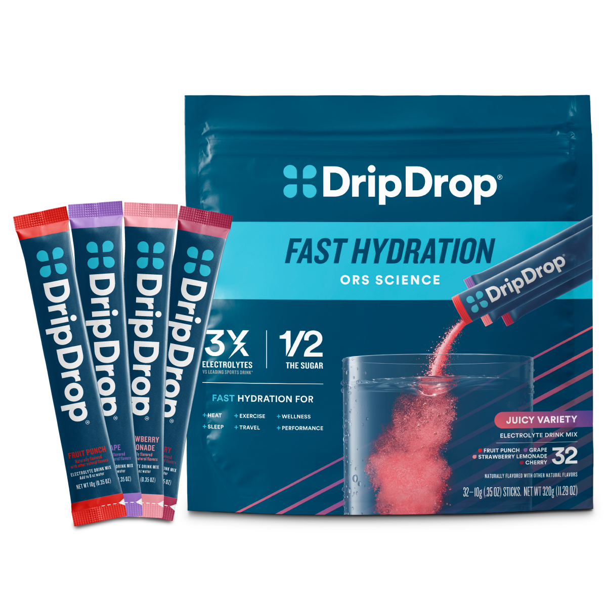DripDrop Juicy Variety Pack Electrolyte Powder, 8 oz sticks, 32 count - 23P5