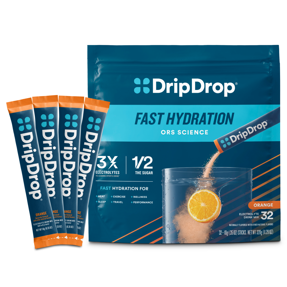 DripDrop Orange Electrolyte Powder, 8 oz sticks, 32 count - ZOFK