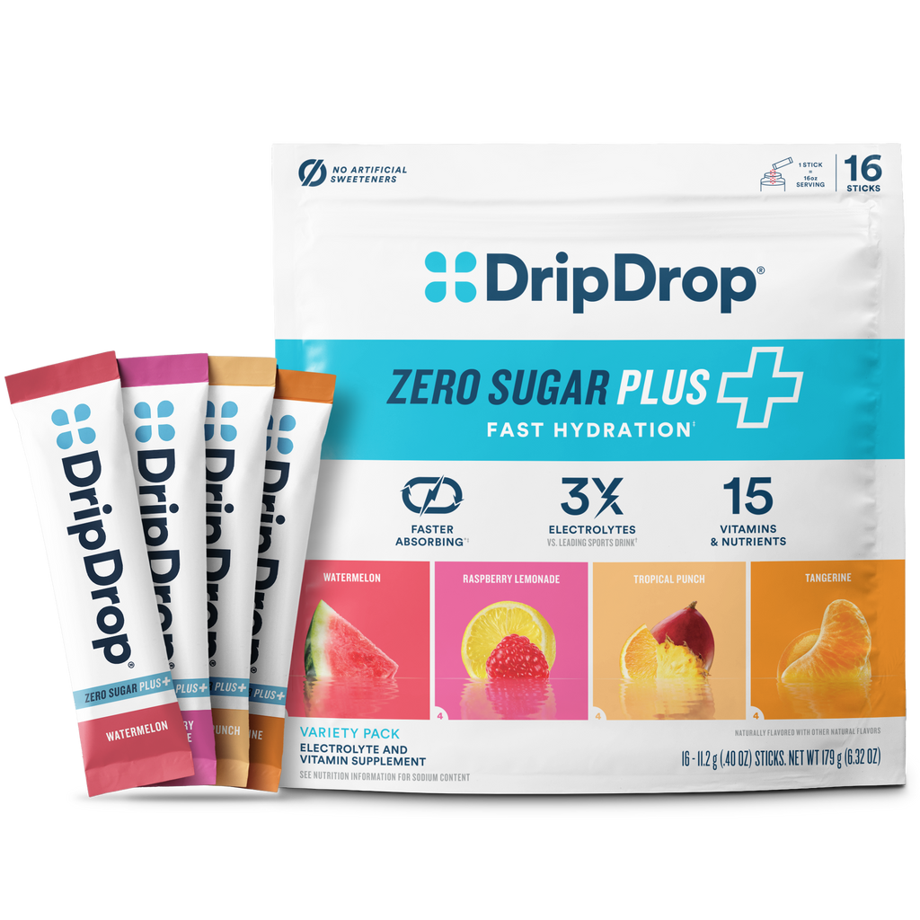 DripDrop Zero Sugar Plus, Watermelon, Tangerine, Tropical Punch, Raspberry Lemonade, 16 oz sticks, 16 count - KM1Y