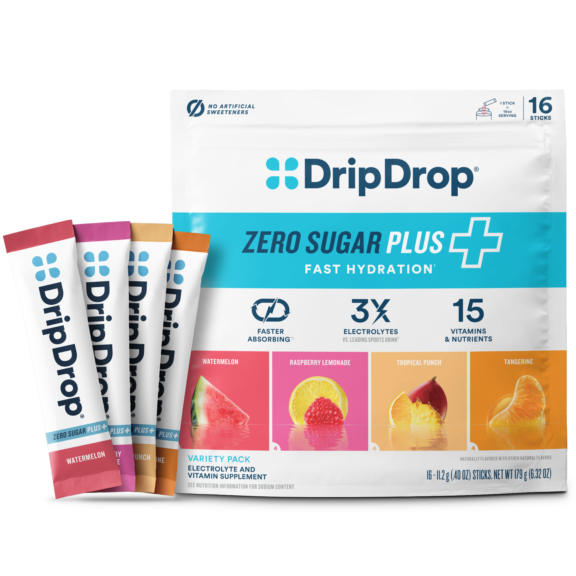 DripDrop Zero Sugar Plus, Watermelon, Tangerine, Tropical Punch, Raspberry Lemonade, 16 oz sticks, 16 count - KM1Y