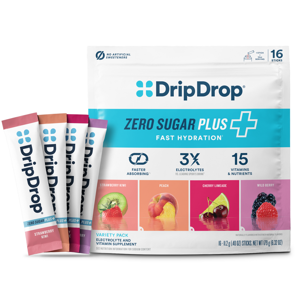 DripDrop Zero Sugar Plus, Strawberry Kiwi, Peach, Cherry Limeade, Wild Berry, 16 oz sticks, 16 count - BRH8