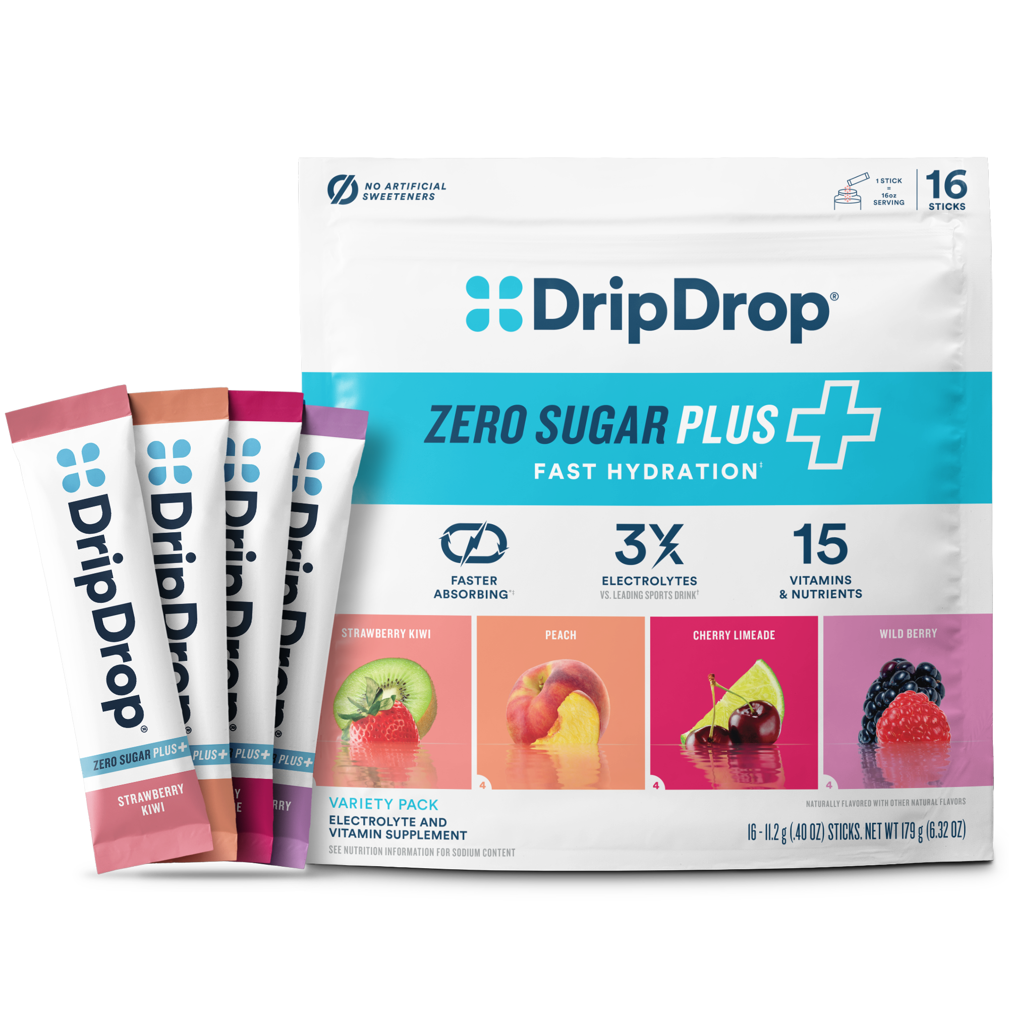 DripDrop Zero Sugar Plus, Strawberry Kiwi, Peach, Cherry Limeade, Wild Berry, 16 oz sticks, 16 count - BRH8