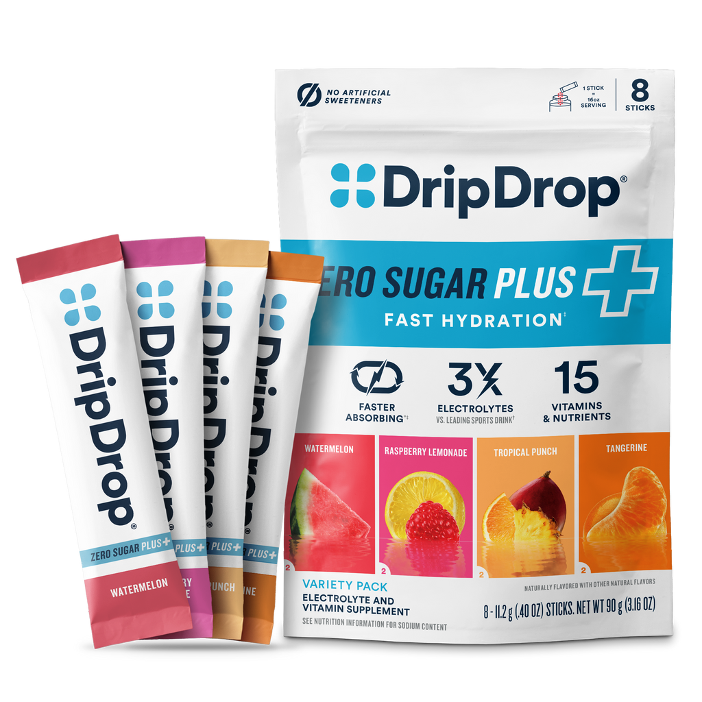 DripDrop Zero Sugar Plus, Watermelon, Tangerine, Tropical Punch, Raspberry Lemonade, 16 oz sticks, 8 count - T3IK