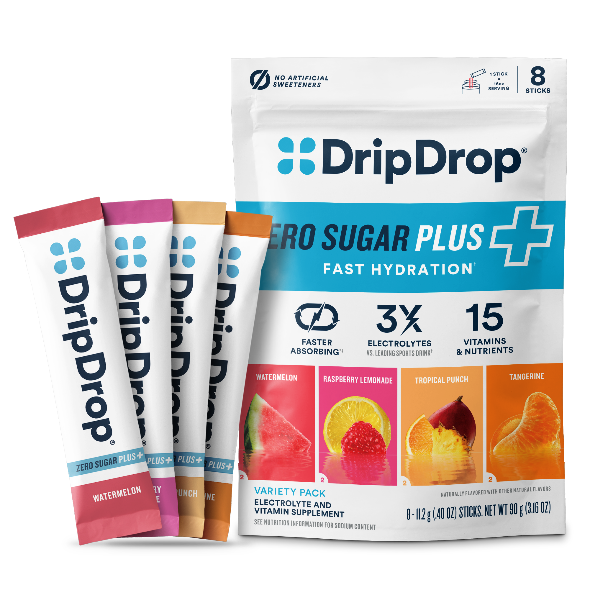 DripDrop Zero Sugar Plus, Watermelon, Tangerine, Tropical Punch, Raspberry Lemonade, 16 oz sticks, 8 count - T3IK