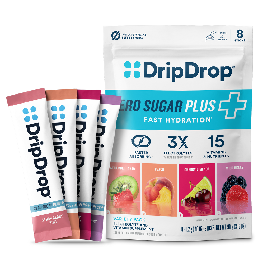 DripDrop Zero Sugar Plus, Strawberry Kiwi, Peach, Cherry Limeade, Wild Berry, 16 oz sticks, 8 count - 93HR