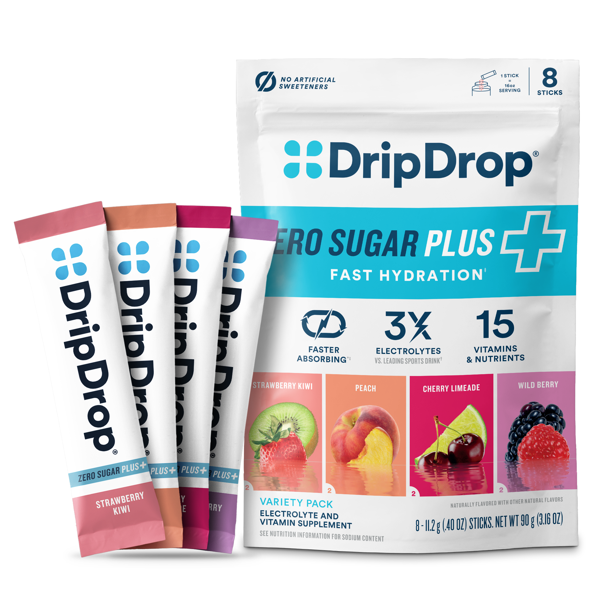 DripDrop Zero Sugar Plus, Strawberry Kiwi, Peach, Cherry Limeade, Wild Berry, 16 oz sticks, 8 count - 93HR