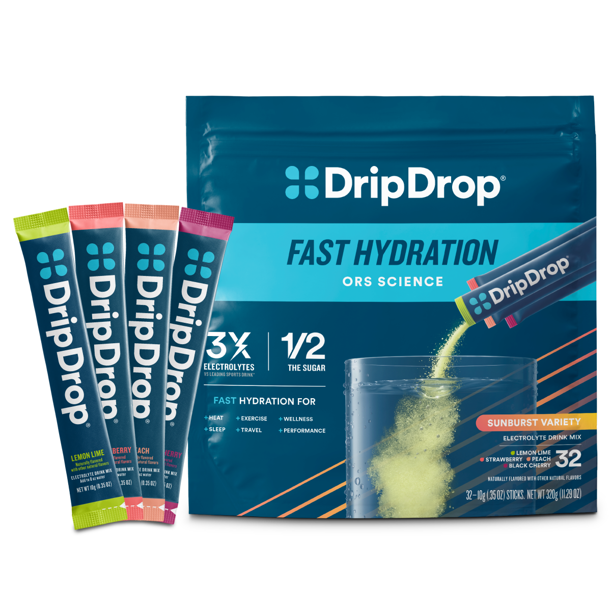 DripDrop Sunburst Variety Pack Electrolyte Powder, 8 oz sticks, 32 count - 3T81