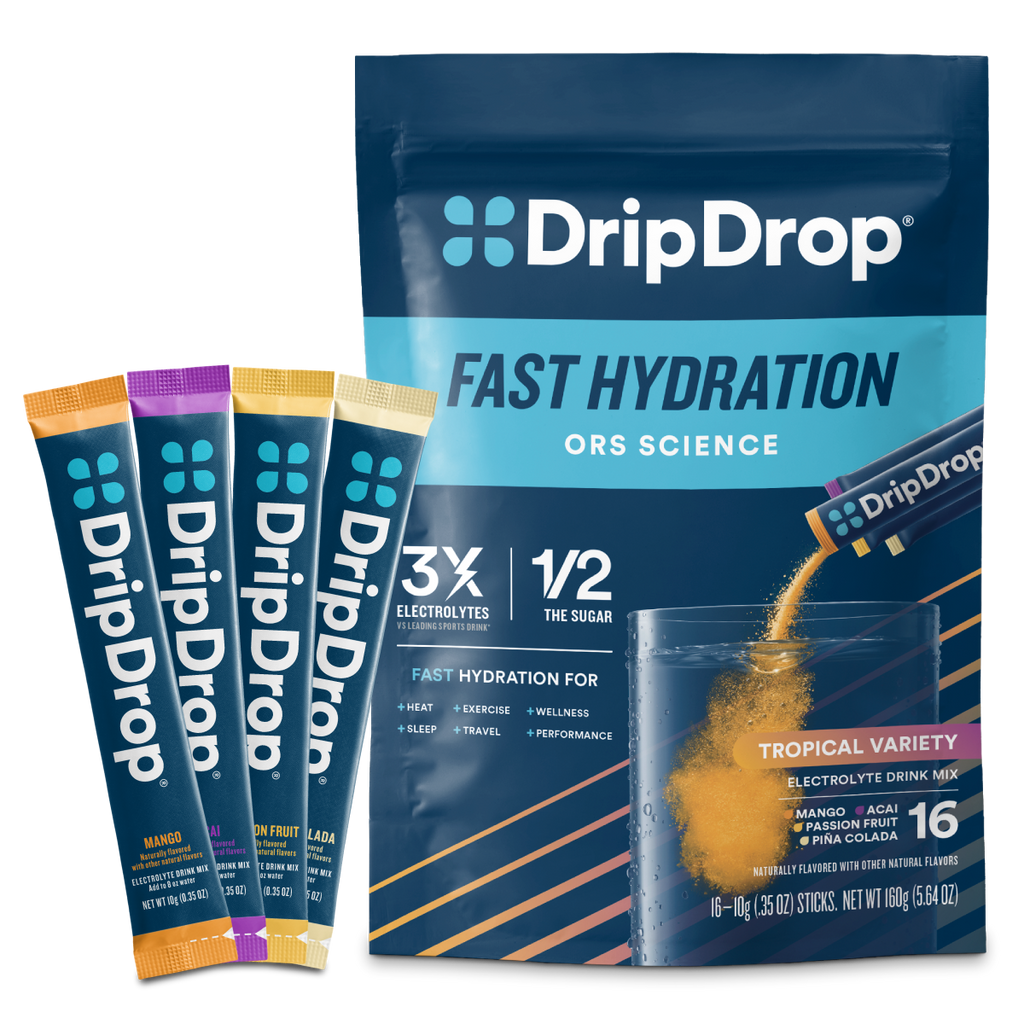 DripDrop Tropical Variety Pack Electrolyte Powder, 8 oz sticks, 16 count - T0BF
