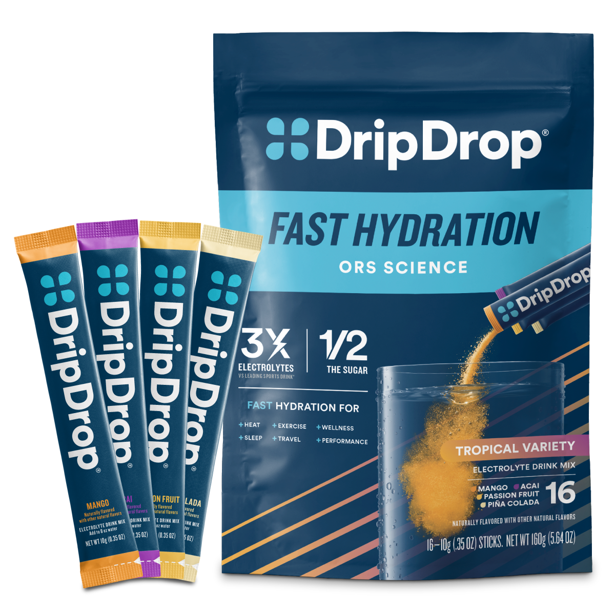 DripDrop Tropical Variety Pack Electrolyte Powder, 8 oz sticks, 16 count - T0BF