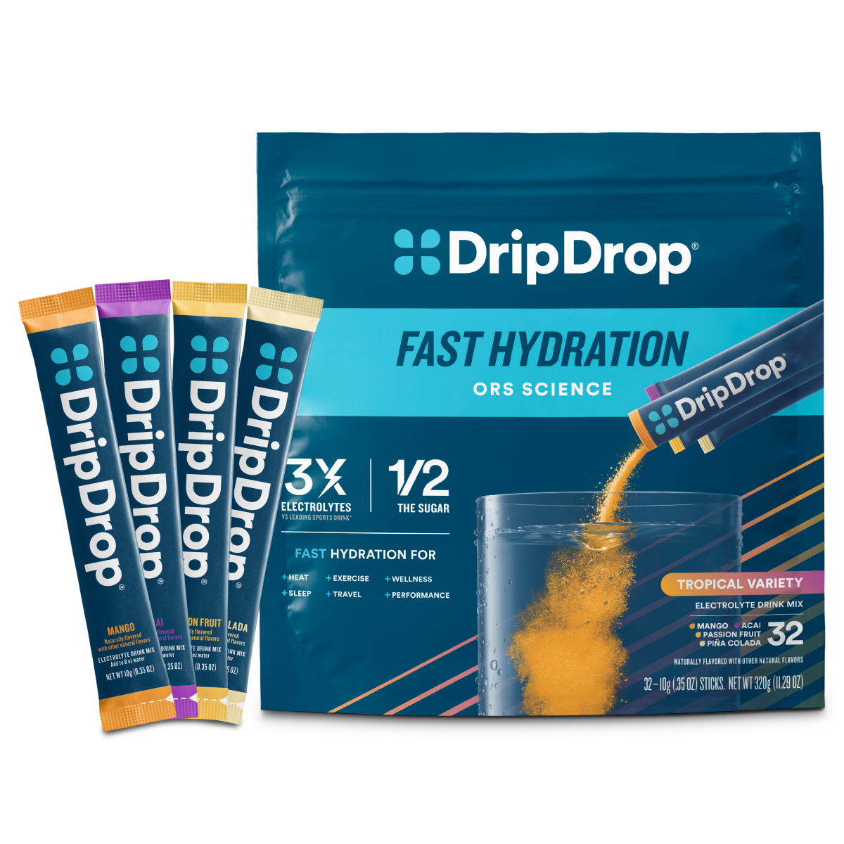 DripDrop Tropical Variety Pack Electrolyte Powder, 8 oz sticks, 32 count - JDML