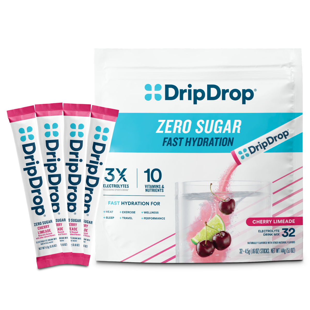 DripDrop Zero Sugar Cherry Limeade Electrolyte Powder, 8 oz sticks, 32 count - CRU9