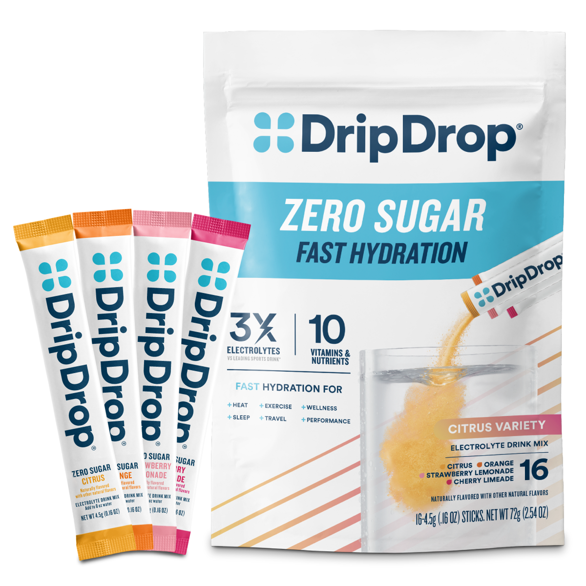 DripDrop Zero Sugar Citrus Variety Pack Electrolyte Powder, 8 oz sticks, 16 count - HRZ5