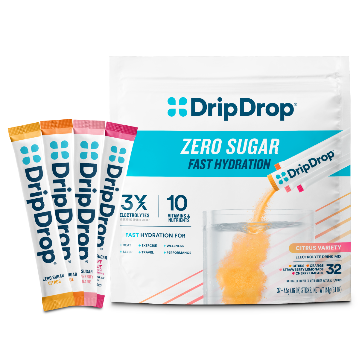 DripDrop Zero Sugar Citrus Variety Pack Electrolyte Powder, 8 oz sticks, 32 count - TG2Y