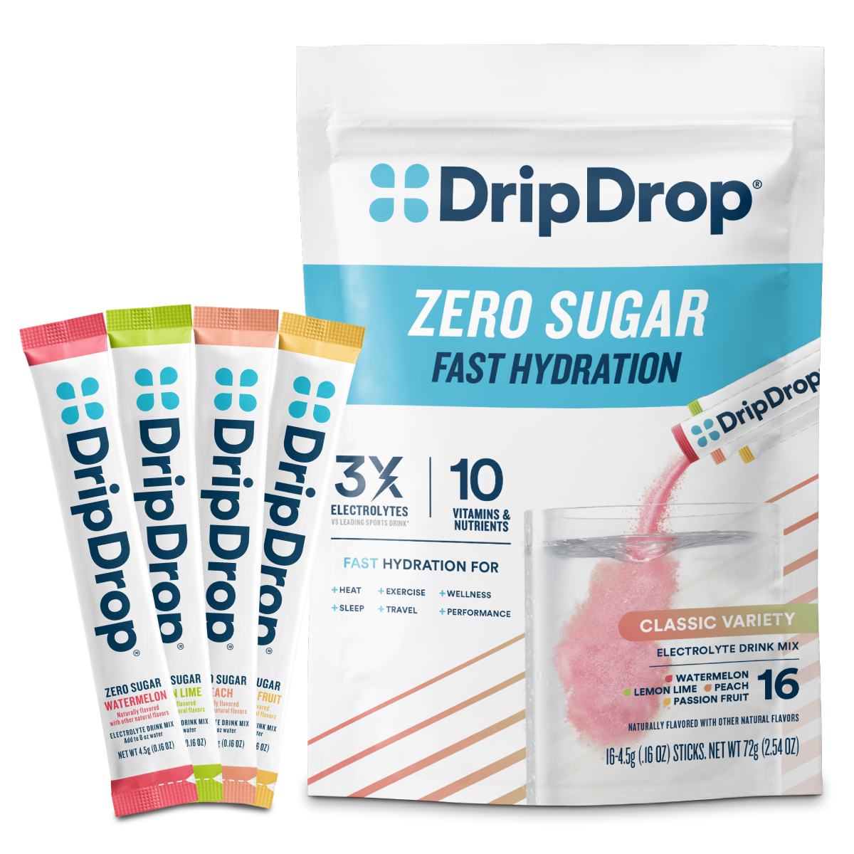 DripDrop Zero Sugar Classic Variety Pack Electrolyte Powder, 8 oz sticks, 16 count - Q4NV
