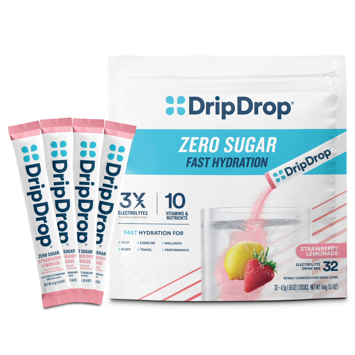 DripDrop Zero Sugar Strawberry Lemonade Electrolyte Powder, 8 oz sticks, 32 count - 9QQP
