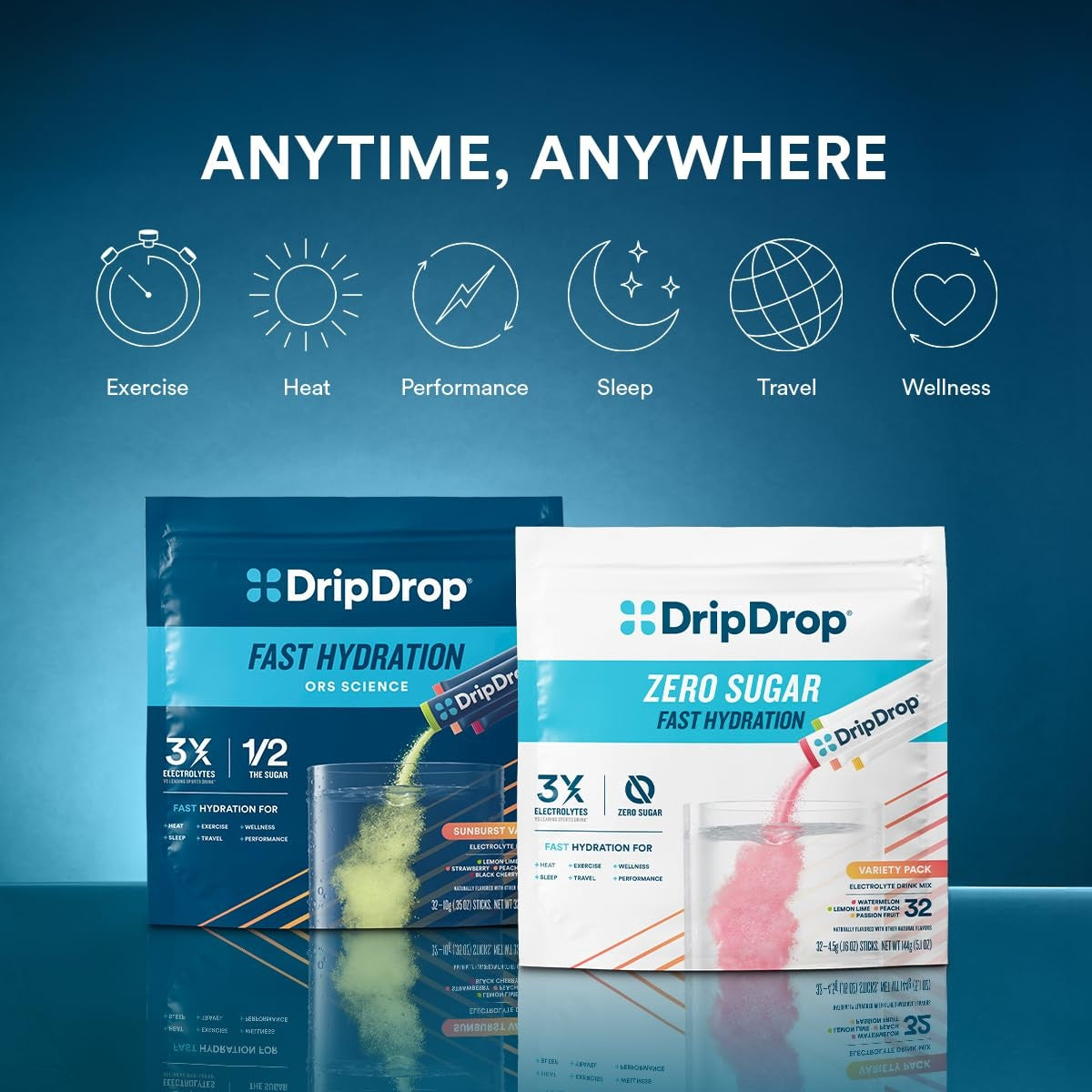DripDrop Sunburst Variety Pack Electrolyte Powder, 8 oz sticks, 32 count - 3T81
