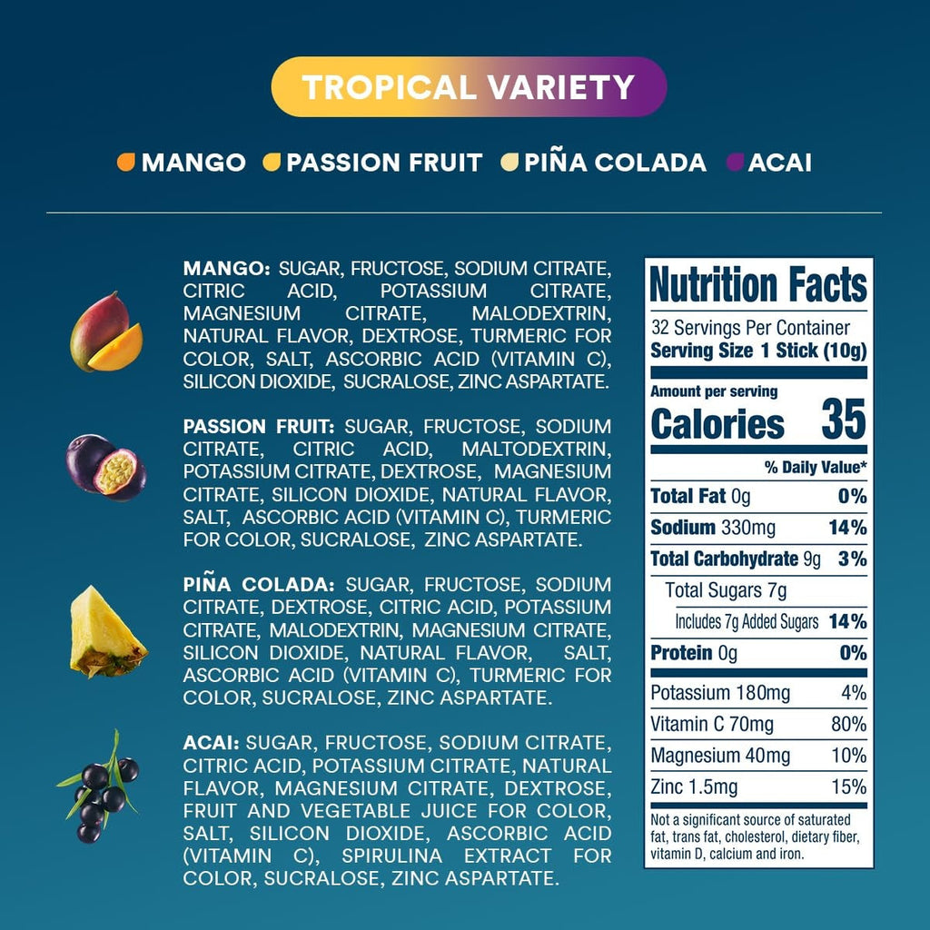 DripDrop Tropical Variety Pack Electrolyte Powder, 8 oz sticks, 32 count - JDML