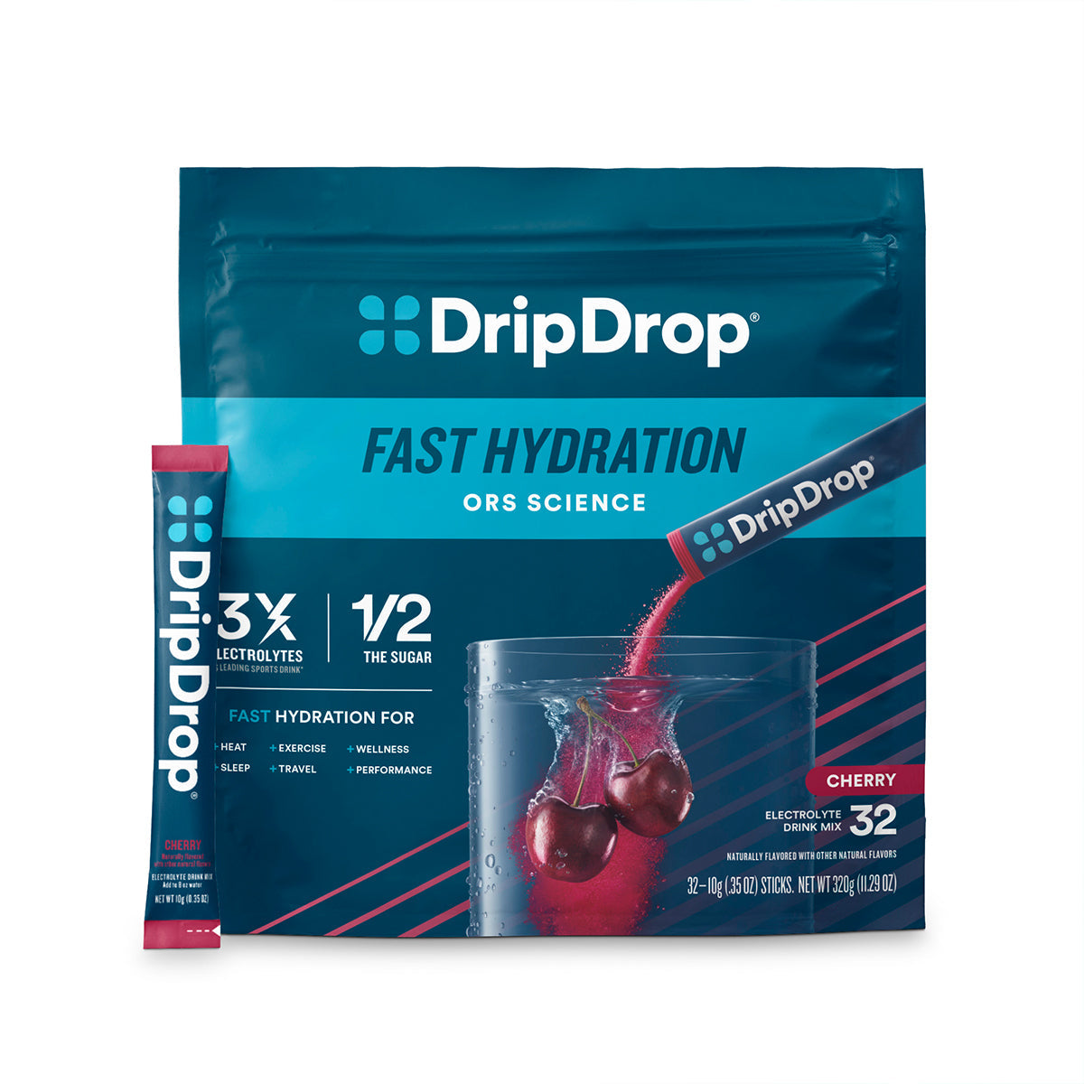 DripDrop Cherry Electrolyte Powder, 8 oz sticks, 32 count - 756S