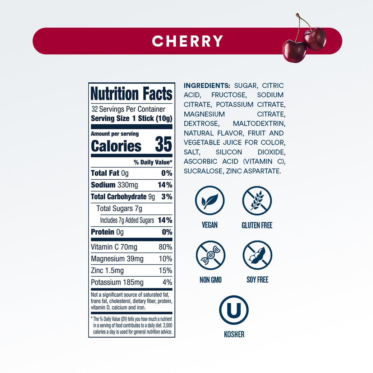 DripDrop Cherry Electrolyte Powder, 8 oz sticks, 32 count - 756S