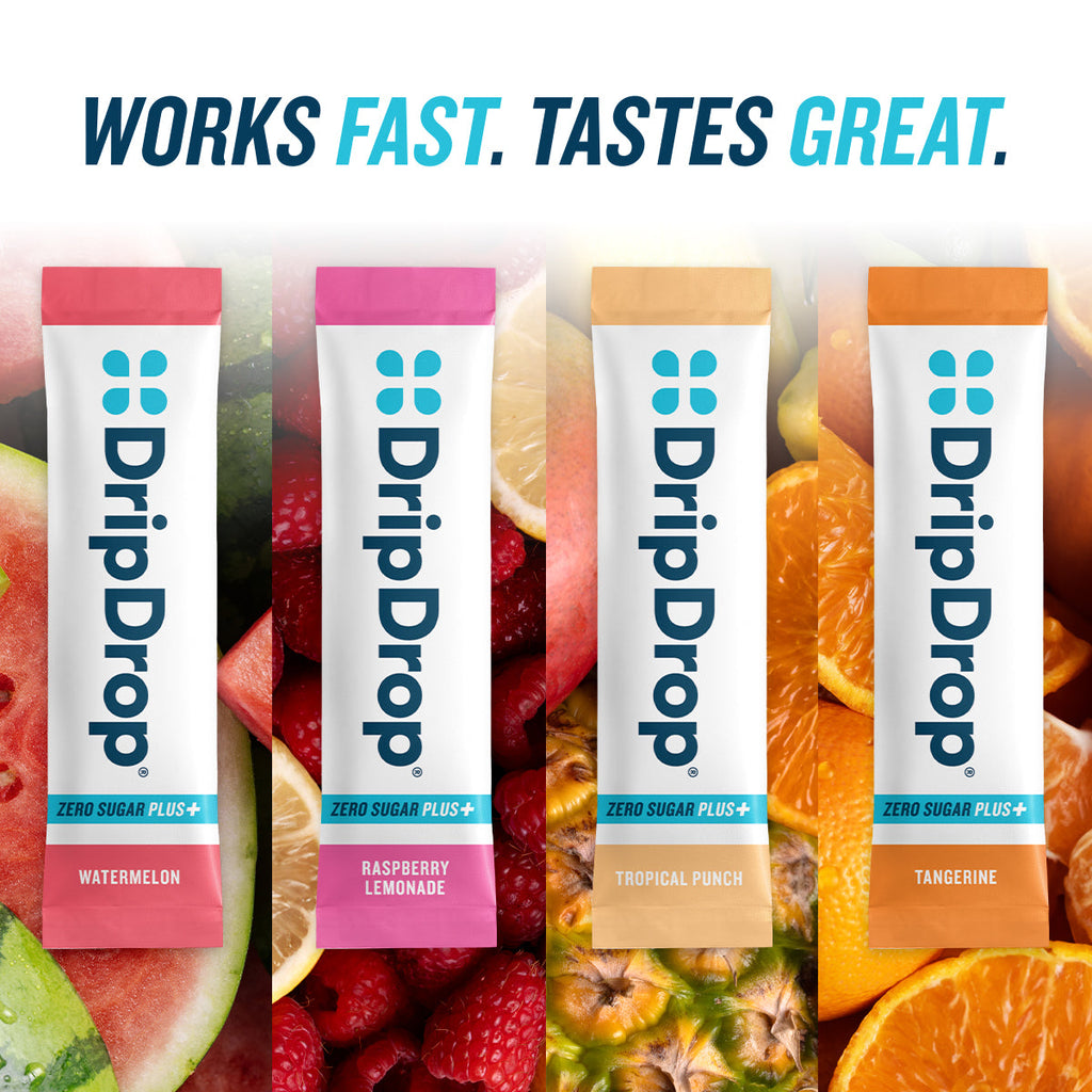 DripDrop Zero Sugar Plus, Watermelon, Tangerine, Tropical Punch, Raspberry Lemonade, 16 oz sticks, 16 count - KM1Y