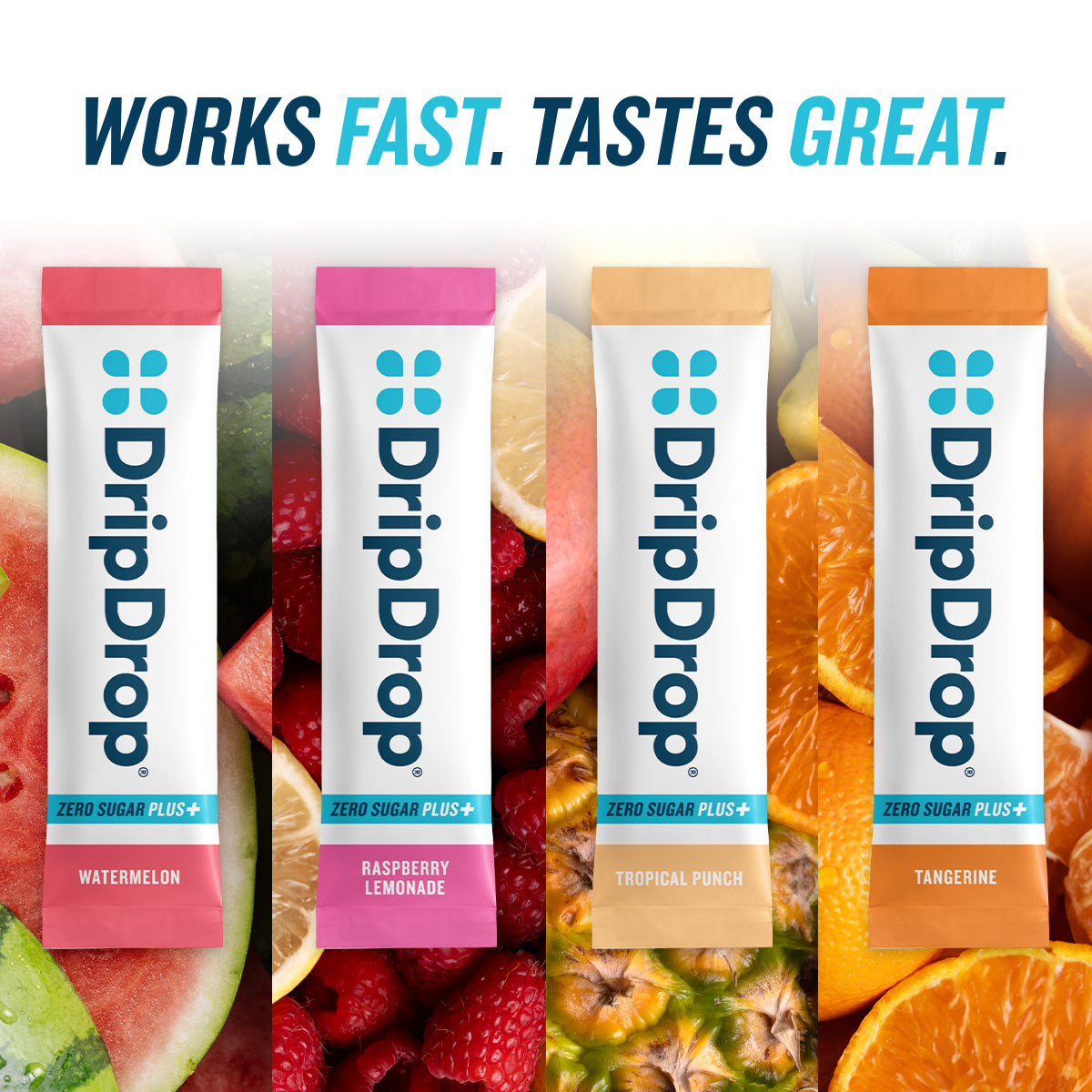 DripDrop Zero Sugar Plus, Watermelon, Tangerine, Tropical Punch, Raspberry Lemonade, 16 oz sticks, 16 count - KM1Y