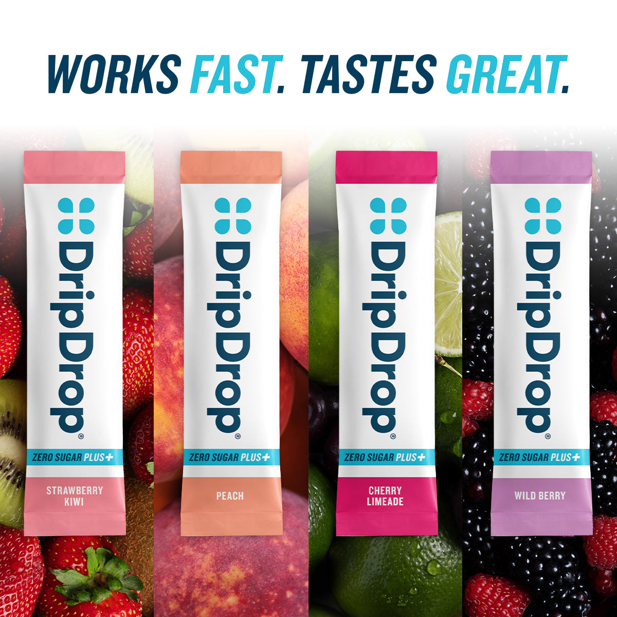 DripDrop Zero Sugar Plus, Strawberry Kiwi, Peach, Cherry Limeade, Wild Berry, 16 oz sticks, 16 count - BRH8