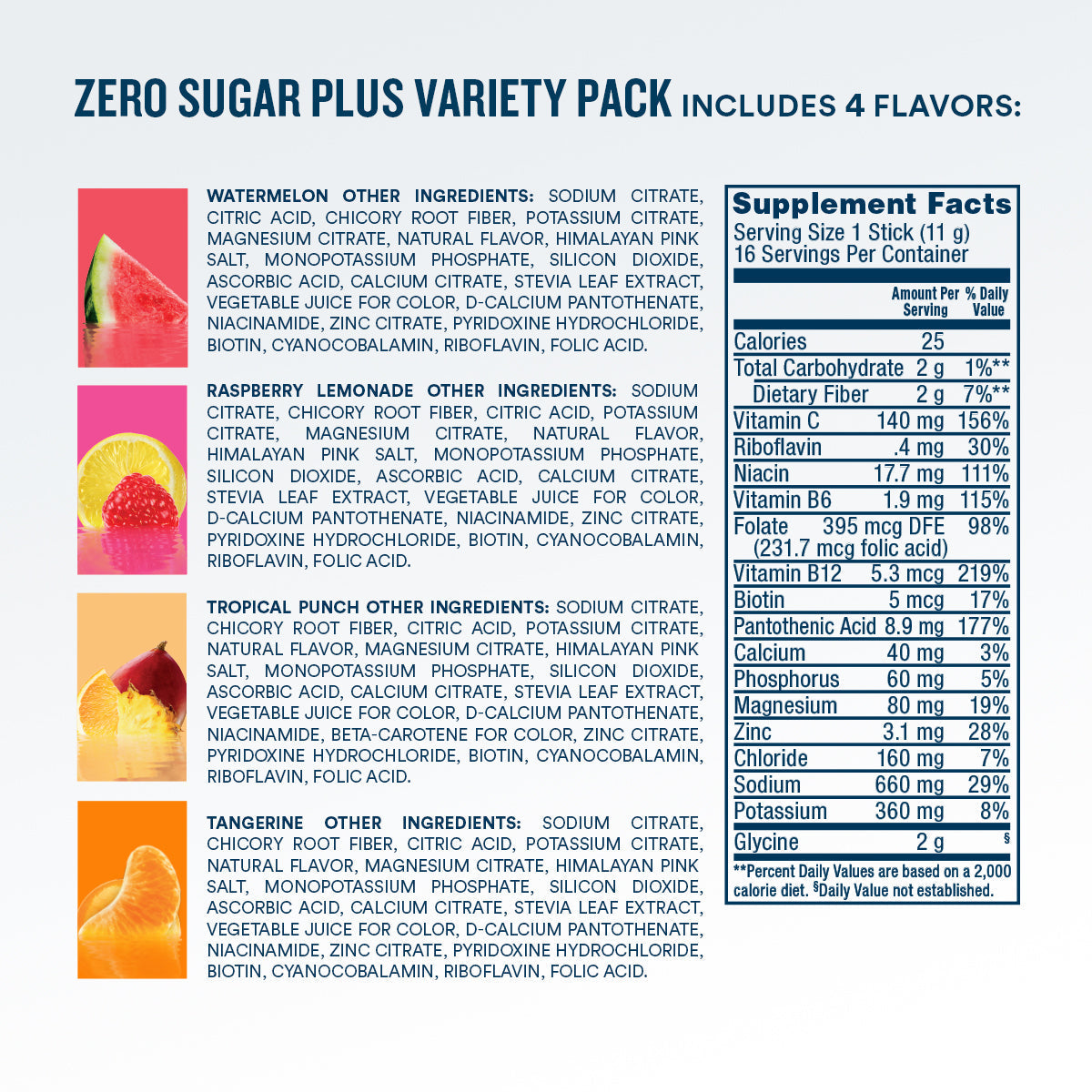 DripDrop Zero Sugar Plus, Watermelon, Tangerine, Tropical Punch, Raspberry Lemonade, 16 oz sticks, 16 count - KM1Y