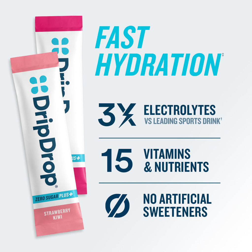 DripDrop Zero Sugar Plus, Strawberry Kiwi, Peach, Cherry Limeade, Wild Berry, 16 oz sticks, 16 count - BRH8
