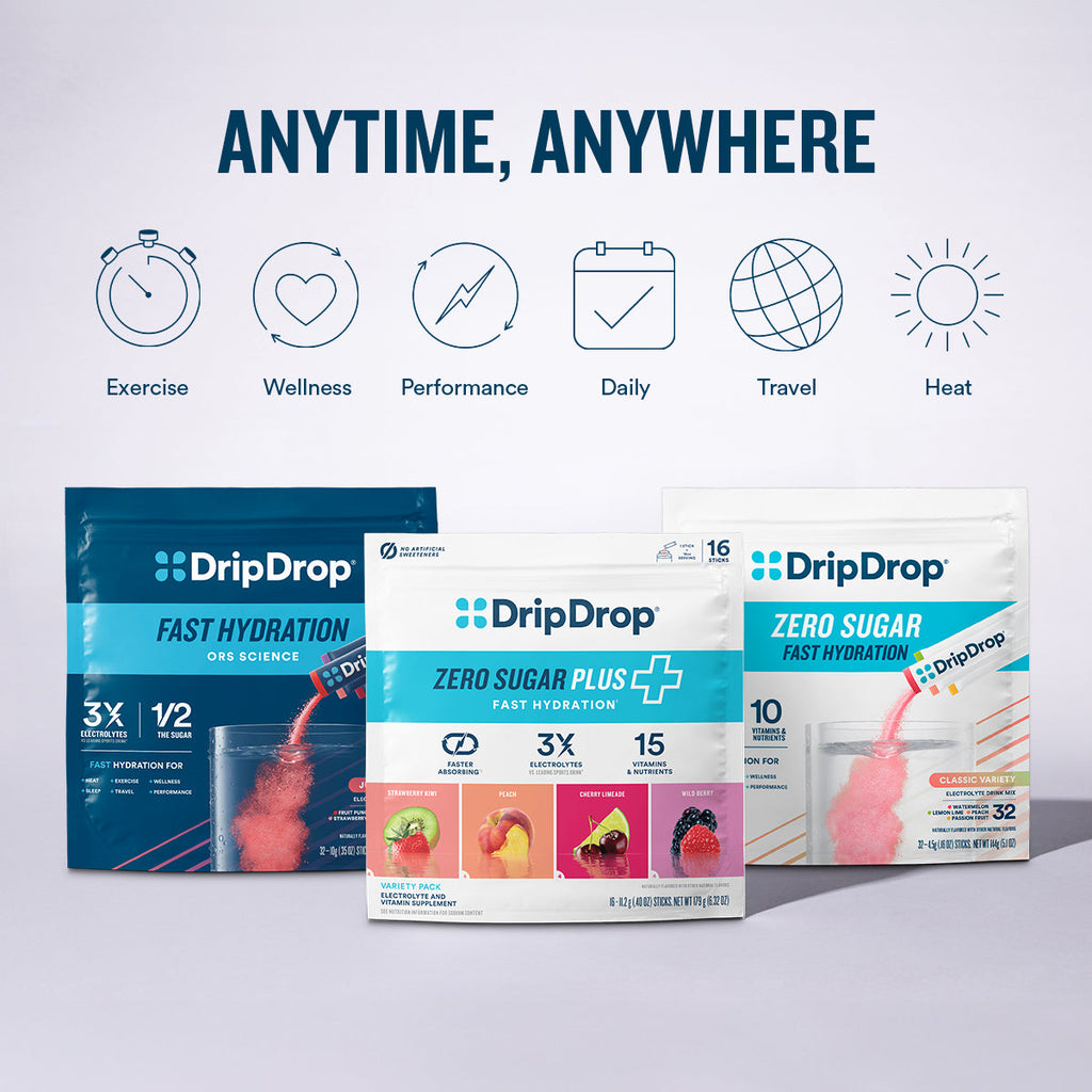 DripDrop Zero Sugar Plus, Watermelon, Tangerine, Tropical Punch, Raspberry Lemonade, 16 oz sticks, 8 count - T3IK