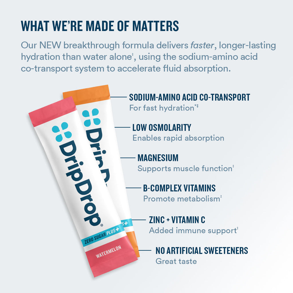 DripDrop Zero Sugar Plus, Watermelon, Tangerine, Tropical Punch, Raspberry Lemonade, 16 oz sticks, 8 count - T3IK